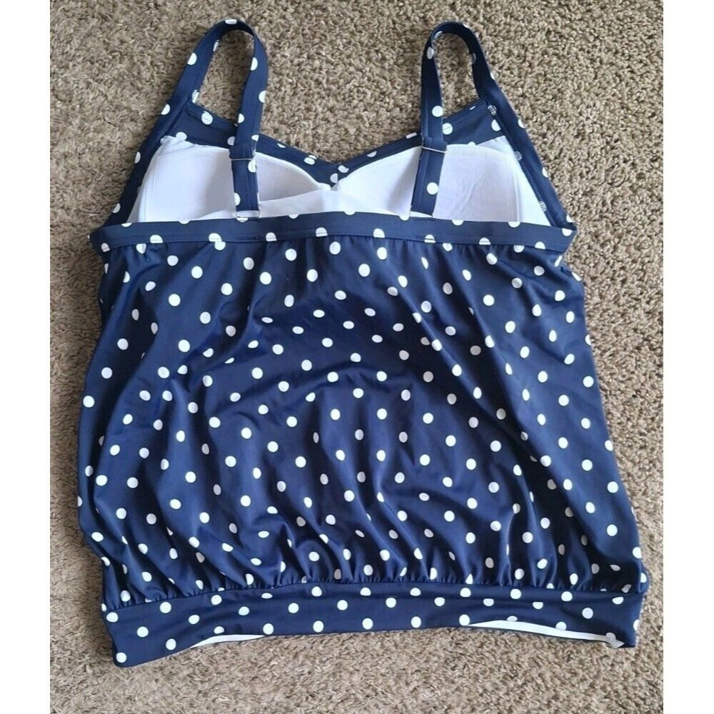 Lands End 2 Piece Swimsuit Sz 1X Blue  White Polka Dot Tankini High Waist Bottom - Picture 3 of 9